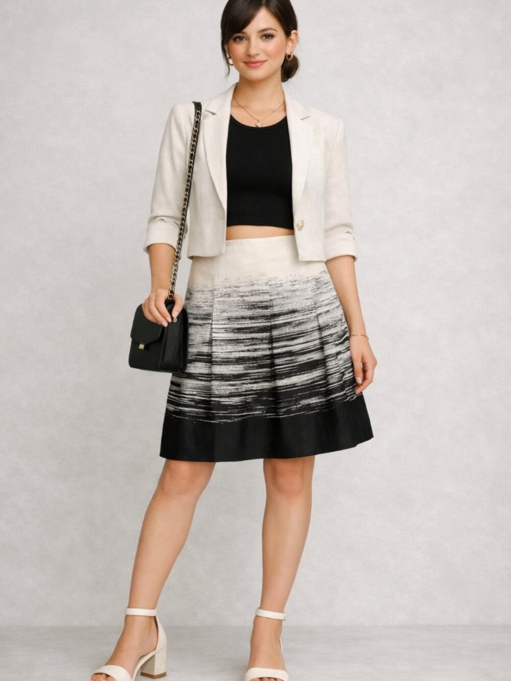 Ann Taylor Pleated A-Line Black and Ivory 💯% Cotton Skirt Size 0P